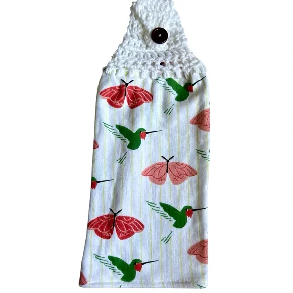 Hand Crafted Colorful Hummingbirds Butterflies Hanging Hand Towel Crochet Top - Picture 3 of 8